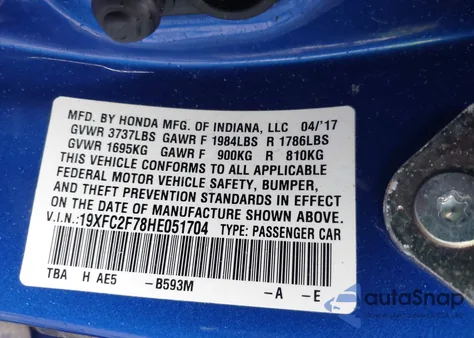 2017 Honda Civic Ex из США, поврежденный, VIN 19XFC2F78HE051704